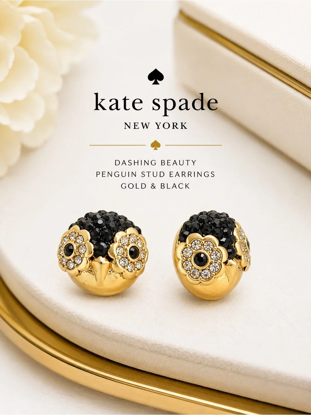 Kate Spade Dashing Beauty Penguin Stud Earrings NWT Gold Black CZ